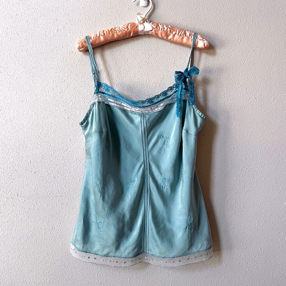 Vintage Y2K Express Silk Cami Top L Embroidered Lace Beaded Sequin Fairycore